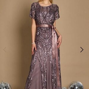 R&M Richards Mocha Short Sleeve Sequin and Mesh Gown 8
